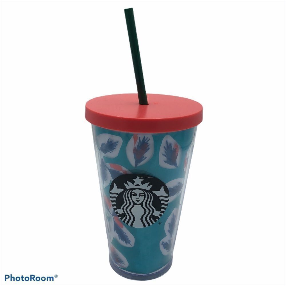 Starbucks Feather Tumbler with Straw‎ 16 oz Cup Original Straw Print Coffee